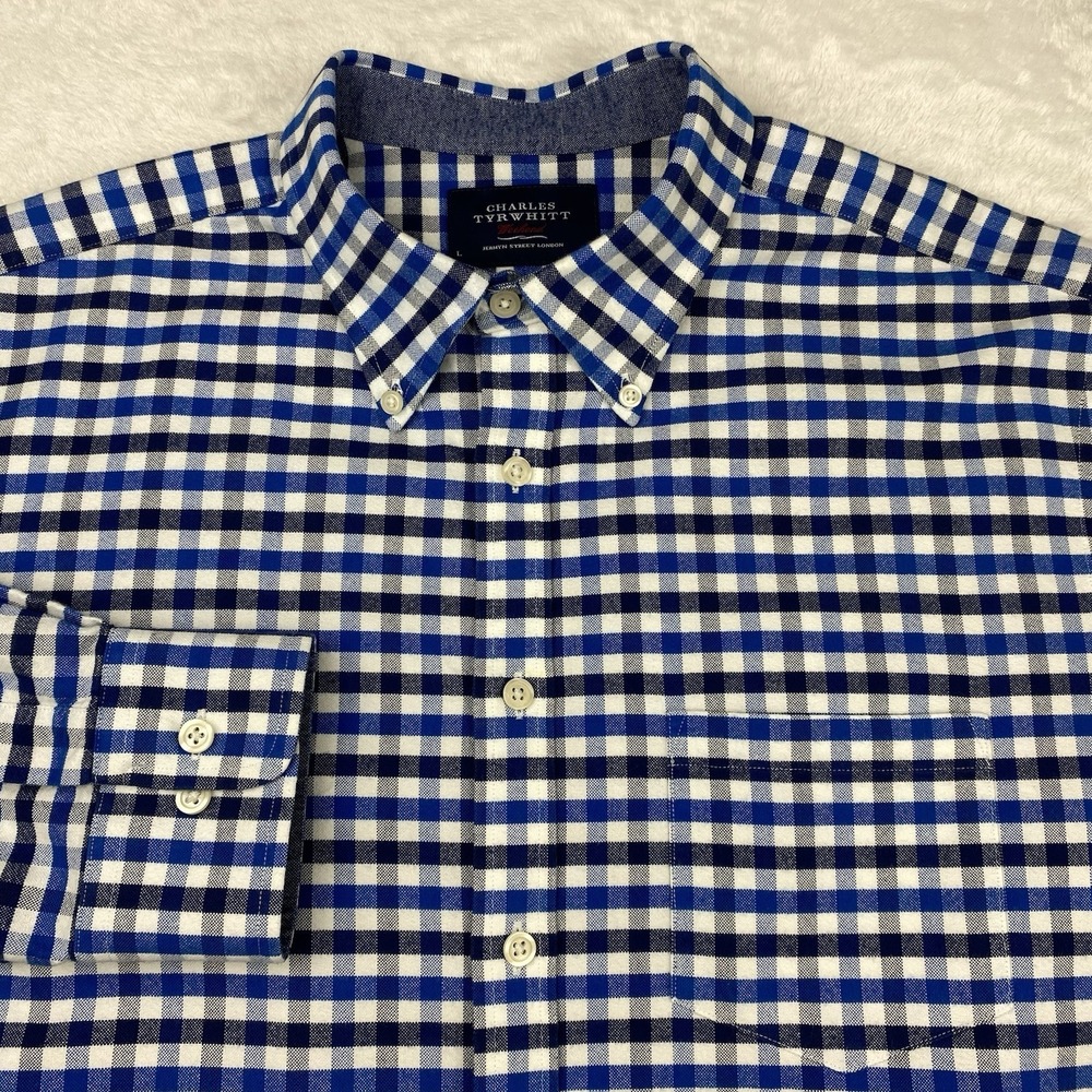 Charles Tyrwhitt Shirt Mens Large Black/Blue/White Checks Soft Touch Slim Fit